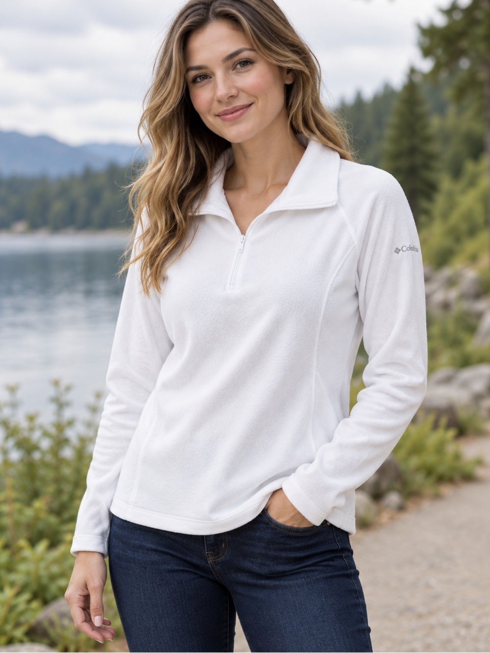 Columbia Women’s White Quarter Zip Fleece Pullover Gray Embroidered Logo VGUC